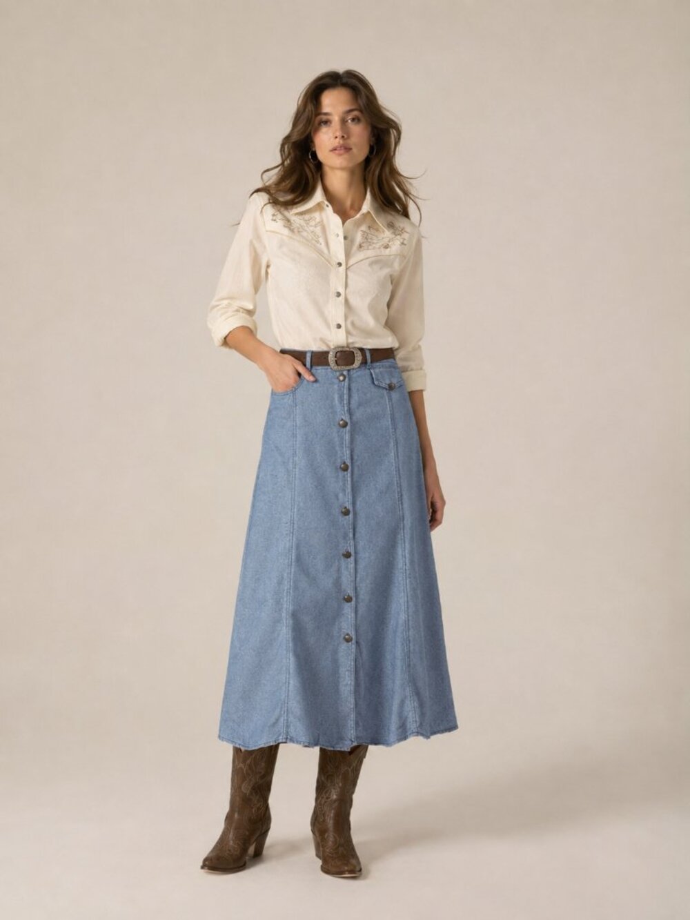 Vintage EMOTIONS Western Cotton Button-Front Light Ice Blue Skirt Size 7 M